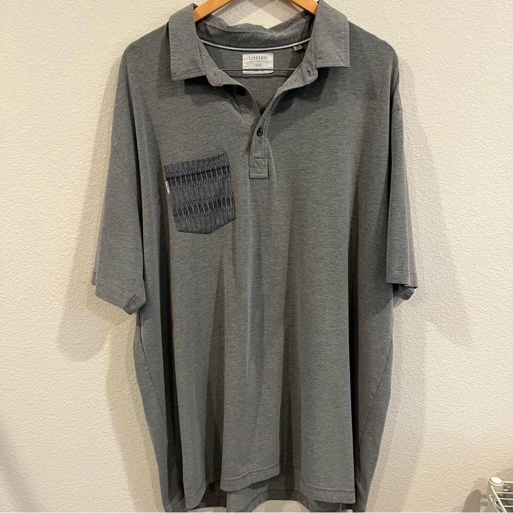 Linksoul size xxlarge gray very soft polo shirt with navy blue design on pocket
